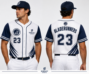 SINEWY SPORTS Men's Baseball Jersey Bladerunners 23 Sublimated <b>White</b> Navy Moisture Wicking Short Sleeve Regular Fit - Product Image 6
