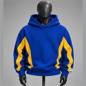 เสื้อฮู้ดสีน้ำเงินทันสมัยระบายอากาศได้ดี ขายส่งแบบ OEM สำหรับผู้ชาย ดีไซน์ผ้าฟลีซตัดต่อสีสัน สวมใส่สบายในฤดูใบไม้ร่วง ทรงปกติ แบบถัก - Product Image 1