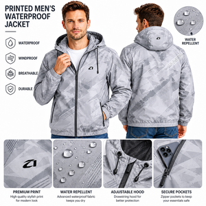 Custom Printed Men's <b>Jackets</b> Hooded Waterproof Windbreaker Lightweight Regular Fit Outerwear OEM Sample Service Bulk Supplier - Product Image 3