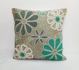 Floral Beaded Cushion <b>Cover</b> Handmade Embroidered Decorative Throw Pillow <b>Cover</b> Turquoise <b>Green</b> Home Decor - Product Image 1