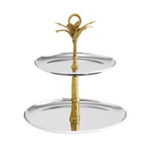 Plateau de service en métal à deux niveaux, très demandé, avec motif feuille d'or, support à dessert rond élégant pour présentation de fête - Product Image 3