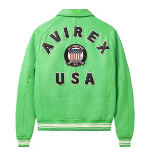 Chaqueta Bomber Varsity de Cuero Genuino Verde para Hombre, Marca Avirex, Personalizada Premium, con Parches Bordados, Estilo Urbano, OEM, ODM, Venta al Por Mayor - Product Image 2