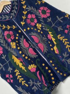 Handmade Dark Blue <b>Velvet</b> Suzani Embroidered <b>Jacket</b> with Floral Pattern Full Sleeve Stand Collar Bohemian <b>Women's</b> Winter Coat - Product Image 6