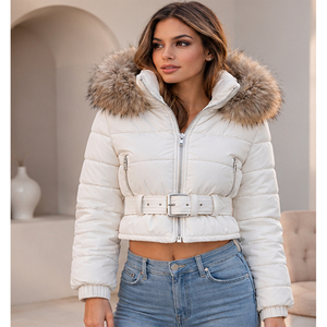 Manteau d'automne matelassé blanc long, écologique, anti-plis, à motif floral vintage, en polyester, avec ceinture à la taille - Product Image 1