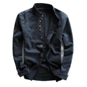 Chemise décontractée pour hommes en lin et coton, col montant, légère, respirante, à boutons - Product Image 4