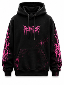 Sweat à capuche noir Relentless pour homme, style streetwear, coupe oversize, imprimé éclair rose, logo frontal, poche, manches classiques - Product Image 1