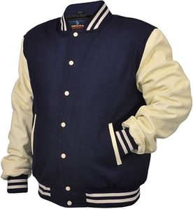 Veste universitaire pour homme, bleu marine, manches crème, style preppy, boutonnée, coupe classique, col rabattu, coton et polyester - Product Image 3