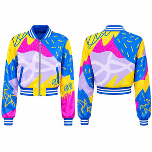 Geometric Print Varsity Jacket <b>Women's</b> Short Crop Bomber <b>Coat</b> Full Sleeve Turn-down Collar Polyester Zipper Closure <b>Spring</b> Style - Product Image 1