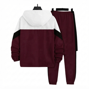 Manufacturer <b>Burgundy</b> Hoodie And Jogger Pants Color Block Casual Sportswear Two Piece Tracksuit Outfit Set Custom Activewear - Product Image 2