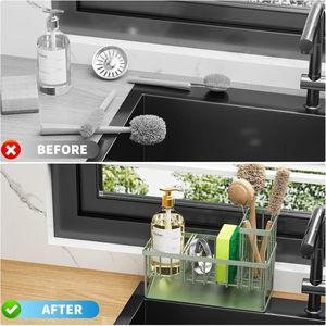 <b>Kitchen</b> Sink Organizer <b>Storage</b> with High Brush Holder 304 Stainless Steel Sponge Rack and Caddy for Convenient Access - Product Image 4
