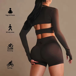 Shorts de Yoga y Pilates de Marca Famosa al por Mayor, Sólidos, Transpirables, Elásticos, Sin Costuras, con Cuello Redondo Acanalado, Corte Medio, Ecológicos, de Spandex - Product Image 1