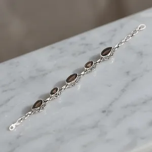 Bohemian 925 Silver Smoky Quartz Bracelet Water Drop Bezel Setting <b>Chain</b> Link Women's Everyday Wear Jewelry - Product Image 5