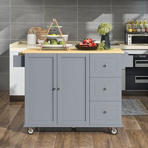 Îlot de cuisine mobile à roulettes avec plateau en bois massif, largeur 52,7 pouces, armoire de rangement, roues verrouillables, bar à petit-déjeuner, chariot de cuisine à plateau rabattable - Product Image 2