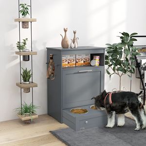 Mobiletto Contenitore Grigio per Alimenti per Animali Domestici con Ciotole Rialzate e Accessori per l'Idratazione, per Contenere Cibo per Cani e Uso in Soggiorno - Product Image 1