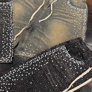 Jorts Manufacturer Custom Embroidery Rhinestone <b>Applique</b> Distressed Streetwear Acid Wash Solid Hip Hop Men Mid Baggy Denim - Product Image 3