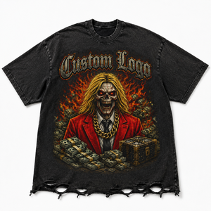<b>Men</b> Distressed Oversized <b>Skull</b> Money Graphic T <b>Shirt</b> Heavyweight Cotton DTG Print Gothic Streetwear Ripped Hem Casual Boxy Tee - Product Image 1