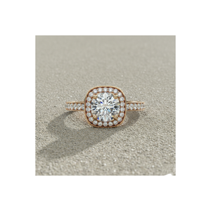 Bague de fiançailles style vintage avec halo de diamants en forme de panier, plaquée or rose, certifiée - Product Image 1