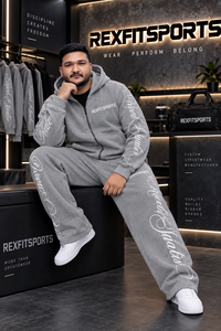 ชุดวอร์มมีฮู้ดสีเทาสำหรับผู้ชายไซส์ใหญ่ REXFITSPORTS ชุดเซ็ตเสื้อแจ็คเก็ตซิปยาวเต็มตัวและกางเกงขายาวผ้าฝ้ายสไตล์สตรีทแวร์ทรงหลวมสำหรับฤดูใบไม้ร่วง - Product Image 5