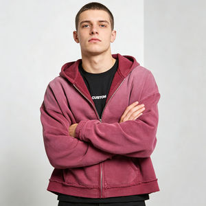 Sudadera con capucha informal de estilo urbano para hombre, de forro polar suave lavado, color burdeos, con cremallera y ribete desgastado, de corte oversize y a la moda. - Product Image 1
