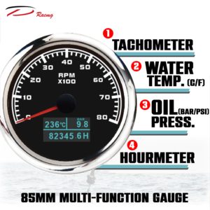 มาตรวัด4in1 85มม. สีดำ12V 24V สีดำเครื่องวัดความเร็วรอบจอแสดงเครื่องวัดความเร็วเรือเรือไฟฟ้าจอแสดงผลความดันน้ำมันอุณหภูมิน้ำ - Product Image 3