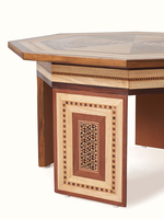 Table basse en teck marqueterie, élégante table centrale en bois pour salon, coin canapé, meuble décoratif pour la maison, décoration intérieure moderne.