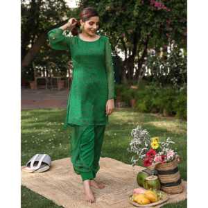 Conjunto de Kurta de Crepé Transpirable Verde Brillante para Mujer, Talla XS - Product Image 4