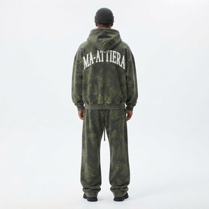 <b>Men</b> Olive <b>Green</b> Botanical Print Zip Up Hoodie <b>Tracksuit</b> Set Loose Fit Streetwear Custom OEM ODM Wholesale - Product Image 2