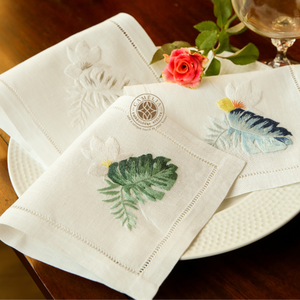 Soft green leaf embroidered cocktail napkin, artistic and durable, calming and reusable for tea <b>tables</b>. - Product Image 1