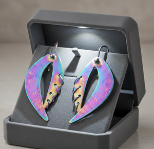 Boucles d'oreilles pendantes en laiton PVD arc-en-ciel faites à la main, audacieuses, irisées, géométriques, pour mariage, résistantes au ternissement, avec crochet contemporain - Product Image 2