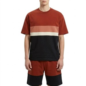 High Quality Men <b>Color</b> Blocking <b>T</b> <b>Shirt</b> And Shorts Set Crew Neck Knitted Cotton Casual Summer Outfit Two Piece Streetwear Look - Product Image 1
