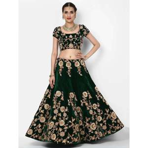 Accesorios Étnicos: Lehenga Choli de Terciopelo Bordado en Verde Botella con Dupatta Verde Pastel - Product Image 4