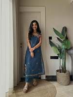 Kurti sans manches pour femme, bleu marine, en coton brodé, imprimé numérique, séchage rapide, longueur genou, coupe classique, style ethnique traditionnel