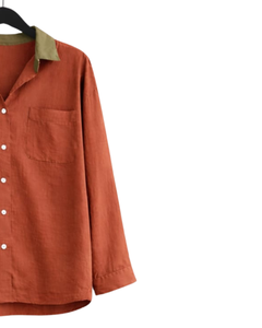 Ensemble pyjama décontracté en coton et lin pour femme, couleur orange rouille, chemise boutonnée et pantalon à cordon, deux pièces, fabricant - Product Image 4