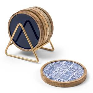 Juego de Posavasos Hechos a Mano de Madera de Mango con Incrustaciones de Esmalte Azul y Base de Metal Dorado |   Posavasos Redondos Decorativos de Madera para el Hogar y Bar - Product Image 1
