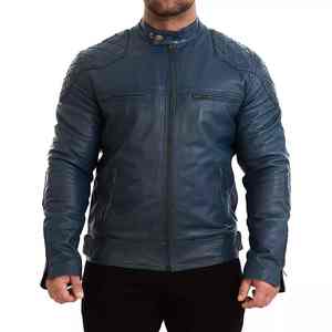 Veste en cuir bleue pour homme, épaisse, coupe-vent, style motard, pour l'hiver - Product Image 2