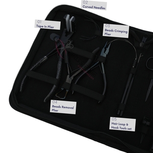 Kit d'outils pour extensions de cheveux noirs : Micro-perles, pinces à sertir plates, crochet de tirage, 2 outils à boucles, peigne à queue, pince pour extensions à bandes adhésives - Product Image 3