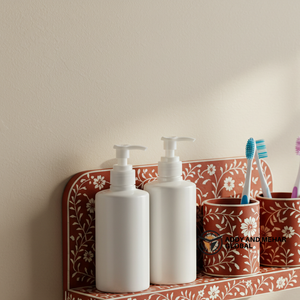 Handcrafted Wood Inlay Four-piece Eco-Friendly Easy Clean Bathroom Organizer <b>Set</b> Wall-Mounted Vanity Shelf Dual <b>Soap</b> Dispensers - Product Image 3