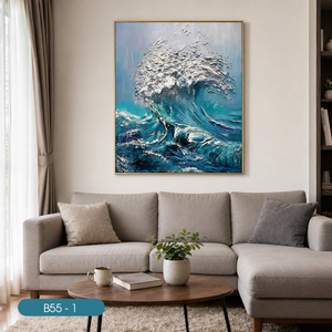 Peinture murale en soie artisanale de luxe fabriquée au Vietnam, vagues océaniques or et blanc, décoration intérieure, modèle OEM ODM Vietnam B55-2 - Product Image 3
