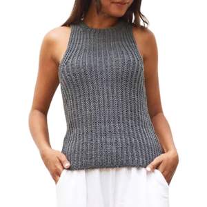 Top corto sin mangas para mujer, jersey de punto con dobladillo peplum, cuello alto, ajuste ceñido, tejido acanalado, logo frontal - Product Image 4