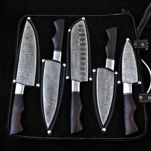 Ensemble de couteaux de cuisine en acier Damas japonais, 5 pièces, manche en bois, couteau de chef, Santoku, couteau utilitaire, avec étui en cuir - Product Image 6