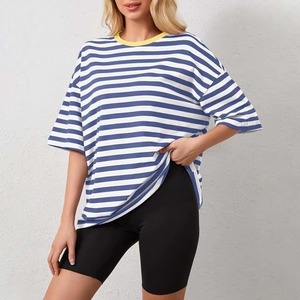 T-shirt pour femme à col rond, coupe oversize, épaules tombantes, 100% coton, couleur unie, logo personnalisé, très demandé. - Product Image 1