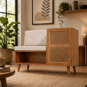 Banco de Almacenamiento Calista de Ratán y Madera de Teca Sólida de Primera Calidad, Estilo Japandi Moderno, con Asiento Tapizado para Hotel o Villa - Product Image 5