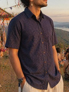 Handmade Men Cotton Geometric Print <b>Half</b> Sleeve <b>Shirt</b> Ethically Sourced Indigo Blue Casual Summer Wear for Men - Product Image 2