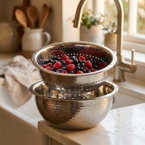Bol martelé artisanal en acier inoxydable 304 finition satinée 22 cm, passoire et cuillère de service 2-en-1 pour la décoration intérieure et l'hôtellerie - Product Image 2