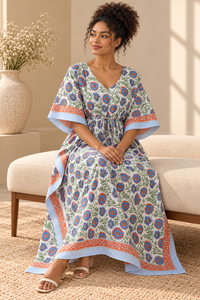 Robe Kaftan Bohème Florale Blanche pour Femme 100% Coton Tissé Sans Manches Col en V Coupe Ample Maxi avec Ceinture à Nouer Tenue Décontractée - Product Image 5