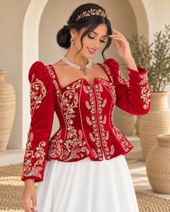 Blusa de terciopelo rojo para mujer, bordada, con mangas acampanadas, manga larga, con cuentas doradas florales, top holgado, elegante, de poliéster, de lujo, especial - Product Image 6