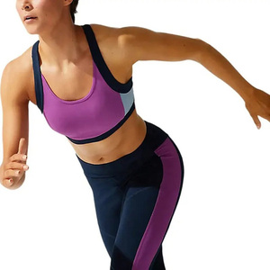 <b>Women</b> Purple Sports Bra With <b>Navy</b> Blue Straps And Side Panel High Support Workout Yoga Activewear <b>Top</b> - Product Image 5