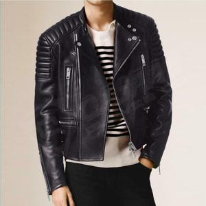 Mode col matelassé en peau d'agneau véritable manteaux de créateur personnalisés veste en cuir de moto pour hommes coupe ajustée avec poches - Product Image 3