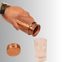 Botella de Agua Portátil de Cobre Pulido y Martillado, Moderna, Ecológica, Reutilizable, Antideslizante, Hecha a Mano, Ayurvédica
