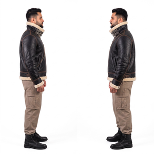 Custom Adults Men's Asymmetric <b>Shearling</b> B-3 <b>Jacket</b> Genuine Lambskin Leather Boxy Bomber Winter Thermal Windproof Eco-friendly - Product Image 3
